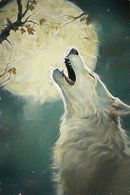 Wildlife Digital Art - White Wolf Moon Howling Digital Oil Painting by Nature Oil Painting