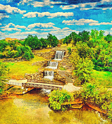 Nature Digital Art - Wichita Artificial Waterfall In Wichita Falls, Texas - Digital Painting by Nicko Prints