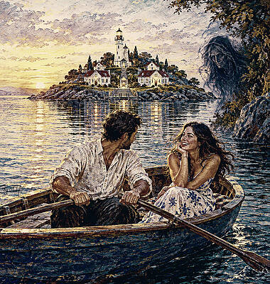 Couple Rowing Near Lighthouse Digital Art