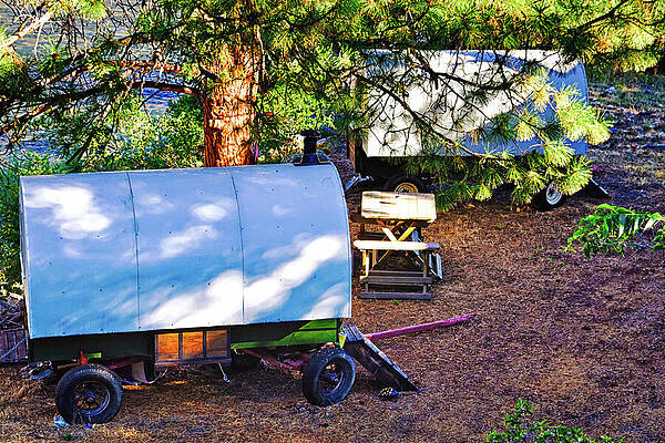 Wall Art featuring the photograph Wild West Sheep Wagons By The River, Idaho by Tatiana Travelways