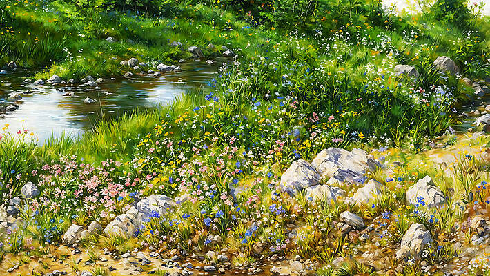 Nature Digital Art - Wildflowers And Rocks On A River Bank - Digital Painting by Nicko Prints
