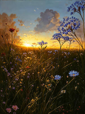 Nature Digital Art - Wildflowers Close Up In The Sunset Light - Digital Painting by Nicko Prints