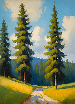 Nature Digital Art - Winding Dirt Path Between Two Fir Trees - Digital Painting by Nicko Prints