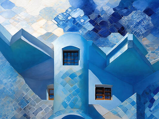 Abstract Wall Art featuring the digital art Windows In The Blue Building by Eris and AI