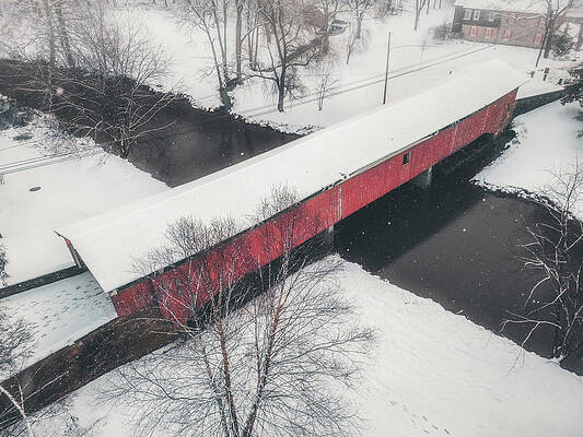 Wall Art featuring the photograph Winter Aerial Bogert Covered Bridge 2024 by Jason Fink