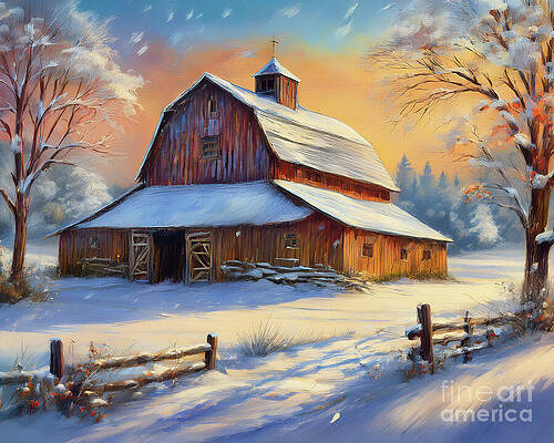 Vintage Wall Art featuring the ai art Winter Barn by Macro Abundance
