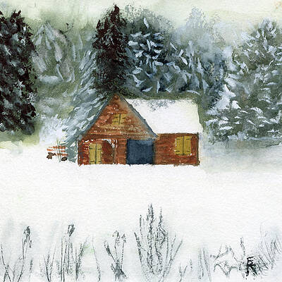 Watercolor Painting - Winter Cabin Scene by Elizabeth Reich