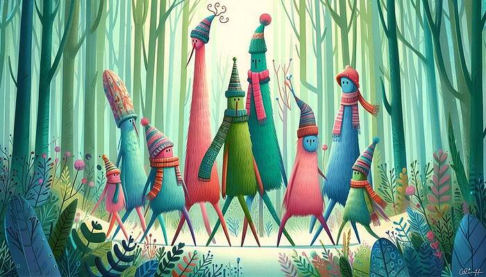 Colorful Creatures in a Winter Forest Wall Art