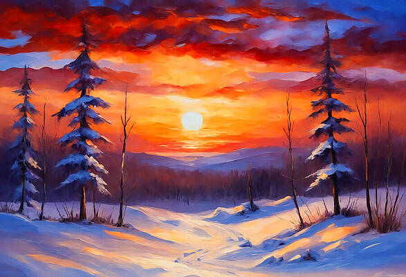 Vibrant Wall Art featuring the digital art Winter Landscape With Fir Trees And A Beautiful Orange And Blue Sunset Sky - Digital Painting by Nicko Prints