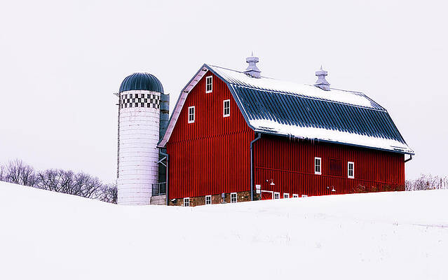 Red Barn in Snowy Field Wall Art