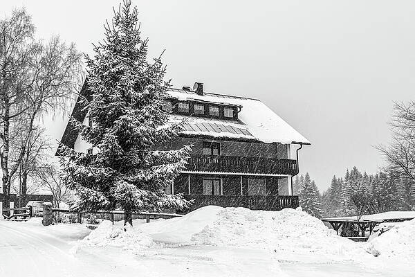 Wall Art featuring the photograph Winter Ski Resort Cabin - Fleckl, Germany - Monochrome by Tatiana Travelways
