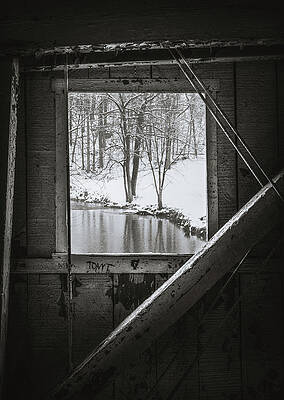 Wall Art featuring the photograph Winter Window On To Little Lehigh Creek - Black And White by Jason Fink