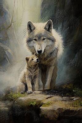 Wildlife Digital Art - Wolf And Cub by Nature Oil Painting
