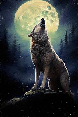 Wildlife Digital Art - Painting Of Wolf Howling At The Moon by Nature Oil Painting