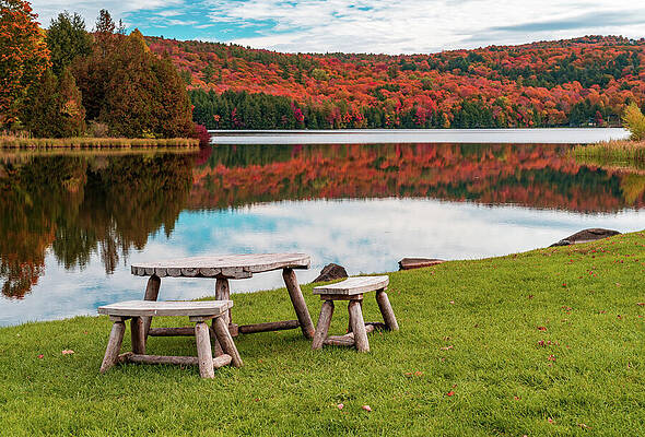 Beautiful Photograph - Wooden Table And Stools By Silver Lake Vermont by Steven Heap