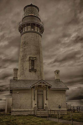 Wall Art featuring the photograph Yaquina Light - Historic Newport Oregon Lighthouse Under A Dramatic Sky by Mike Lee