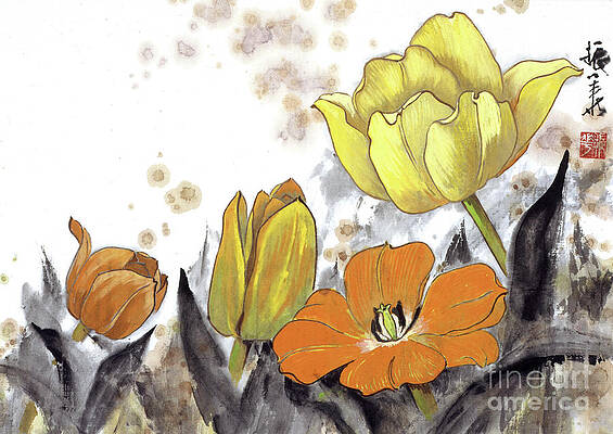 Wall Art featuring the painting Yellow And Orange Tulips by Wang Zhenhua