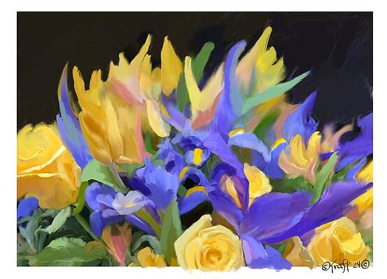 Flower Wall Art featuring the painting Yellow Roses And Blue Orchids - Botanical Wall Art by Sonja Kraft