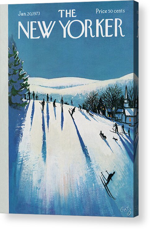 Skiers on Snowy Slope Acrylic Print featuring the painting New Yorker January 20th, 1973 by Arthur Getz