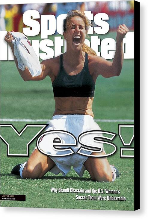 Brandi Chastain Iconic Celebration Canvas Print featuring the photograph Usa Brandi Chastain, 1999 Womens World Cup Final Sports Illustrated Cover by Sports Illustrated Brandi Chastain Iconic Celebration Canvas Print featuring the photograph Usa Brandi Chastain, 1999 Womens World Cup Final Sports Illustrated Cover by Sports Illustrated