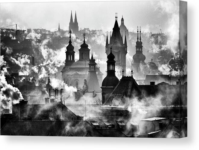 Misty Cityscape with Spired Rooftops Canvas Print