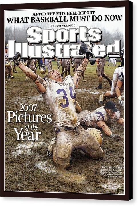 Dramatic Football Moment in Mud Canvas Print featuring the photograph Carroll College Brandon Day, 2007 Naia National Football Sports Illustrated Cover by Sports Illustrated
