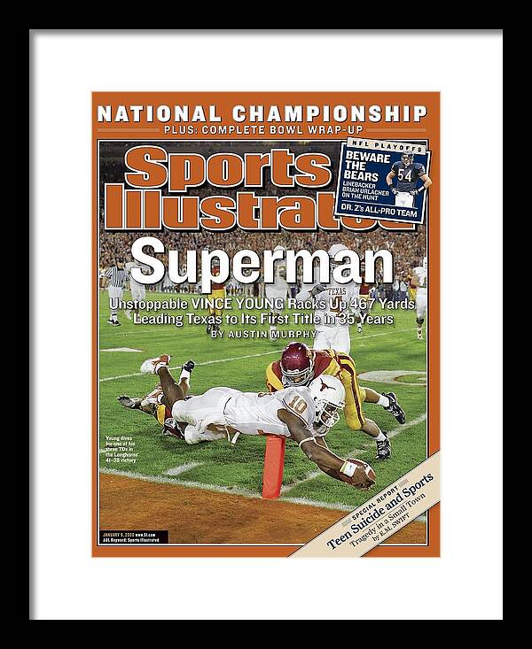 Vince Young's Iconic Touchdown Framed Print featuring the photograph Texas Qb Vince Young, 2006 Rose Bowl Sports Illustrated Cover by Sports Illustrated Vince Young's Iconic Touchdown Framed Print featuring the photograph Texas Qb Vince Young, 2006 Rose Bowl Sports Illustrated Cover by Sports Illustrated