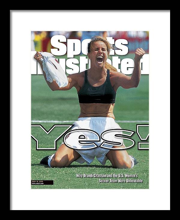 Brandi Chastain Iconic Celebration Framed Print featuring the photograph Usa Brandi Chastain, 1999 Womens World Cup Final Sports Illustrated Cover by Sports Illustrated Brandi Chastain Iconic Celebration Framed Print featuring the photograph Usa Brandi Chastain, 1999 Womens World Cup Final Sports Illustrated Cover by Sports Illustrated
