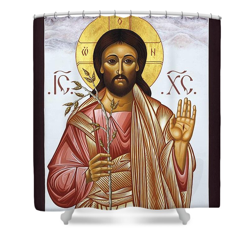 Icon of Jesus with Sandia Mountains Shower Curtain