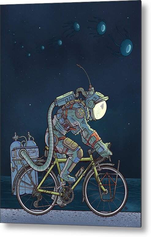 Futuristic Astronaut on Bicycle Metal Print featuring the digital art LFT - Lake Front Trail by EvanArt - Evan Miller