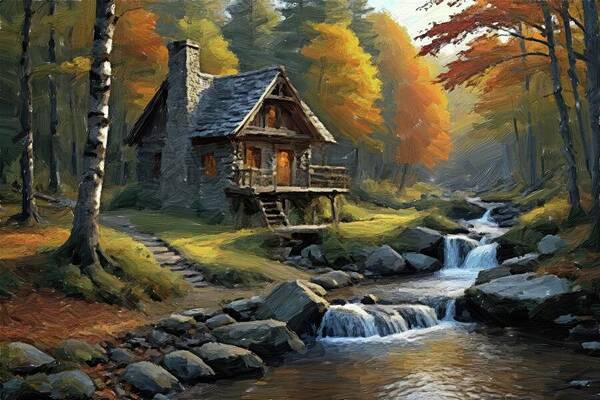 Landscape Poster featuring the digital art Cabin Painting Oil on Canvas by Nature Oil Painting