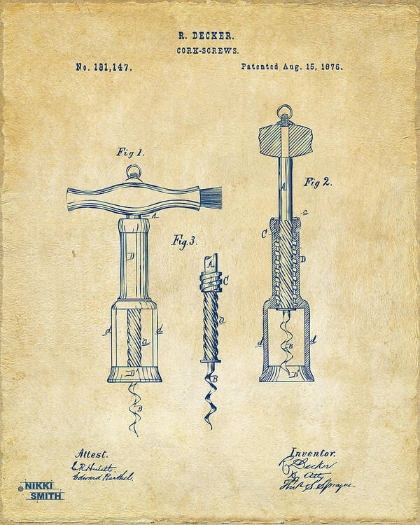 Antique Core-Screws Patent Drawing Poster featuring the digital art 1876 Wine Corkscrews Patent Artwork - Vintage by Nikki Marie Smith