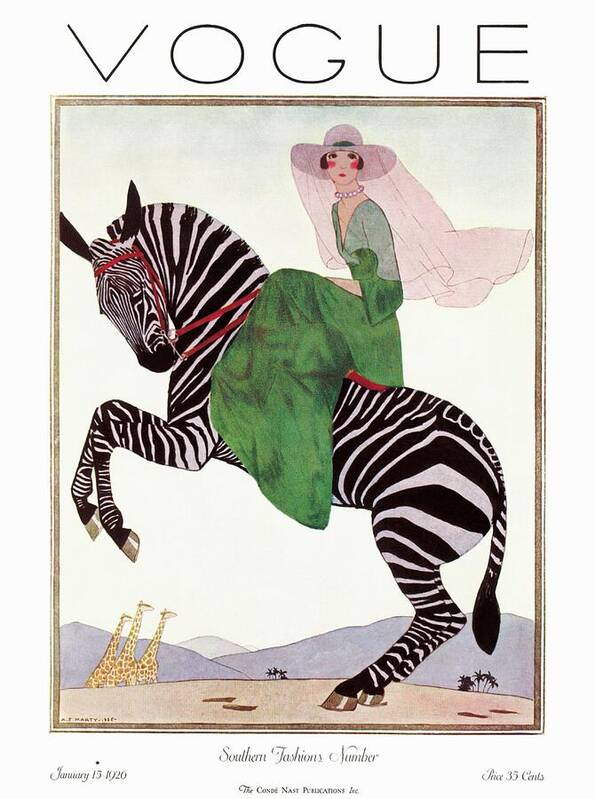 Elegant Woman Riding a Zebra Poster featuring the drawing A Vintage Vogue Magazine Cover Of A Woman by Andre Marty
