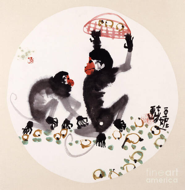 Monkey Art Print featuring the painting Baboons With Basket by Wang Yani Monkey Art Print featuring the painting Baboons With Basket by Wang Yani