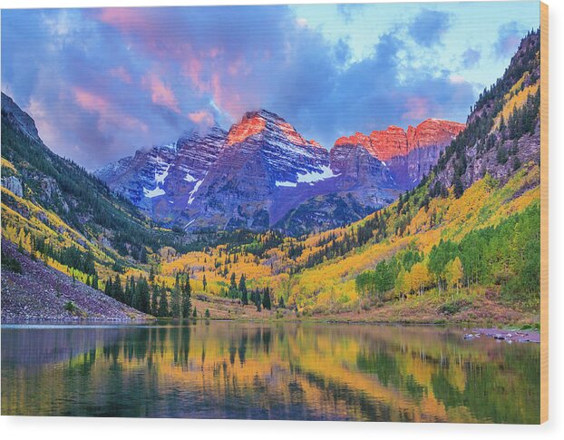 Autumn Colors At Maroon Bells And Lake by Dszc, Wood Prints