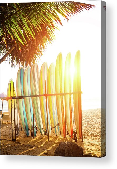 Sunlit Surfboards on Sandy Beach Acrylic Print