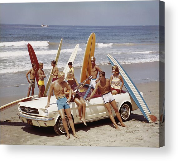 Surfers with Mustang on the Beach Acrylic Print