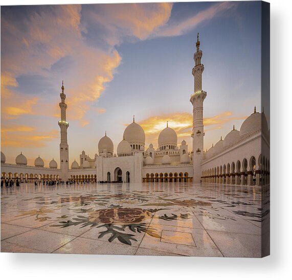 United Arab Emirates, Emirate Abu Dhabi, Abu Dhabi, Arab States Of The Persian Gulf, Arabian Peninsula, Sheikh Zayed Grand Mosque, The Inner Courtyard At The Sunset Acrylic Print