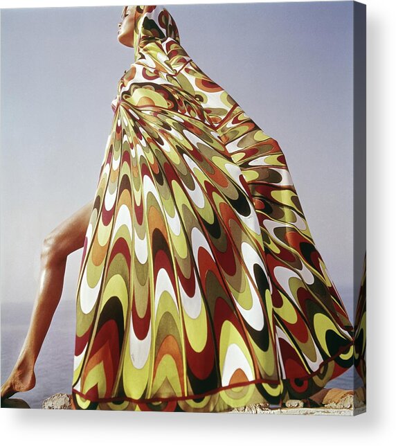 Woman Draped in Geometric Fabric Acrylic Print