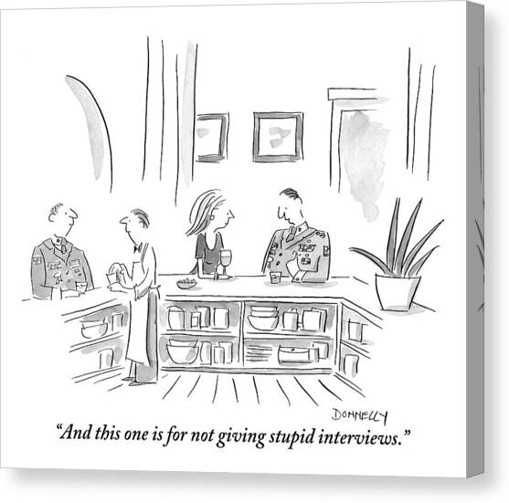 A General Explains His Medals To The Woman Seated Canvas Art Print by Liza Donnelly