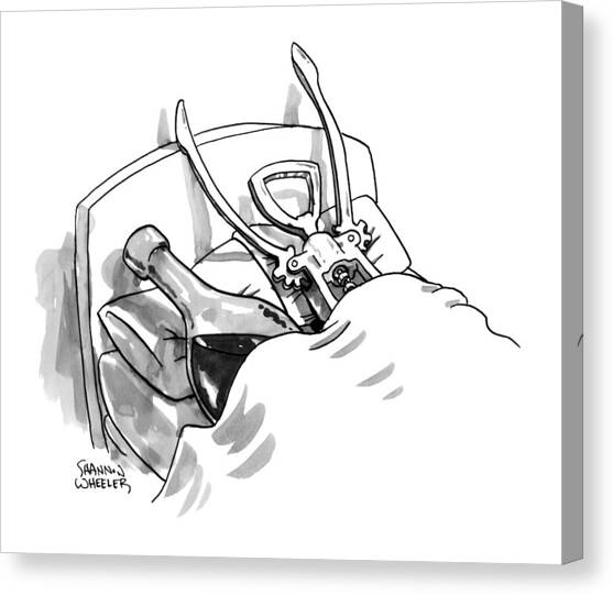 A Wine Opener And A Bottle Lay In Bed Like Canvas Art Print by Shannon Wheeler