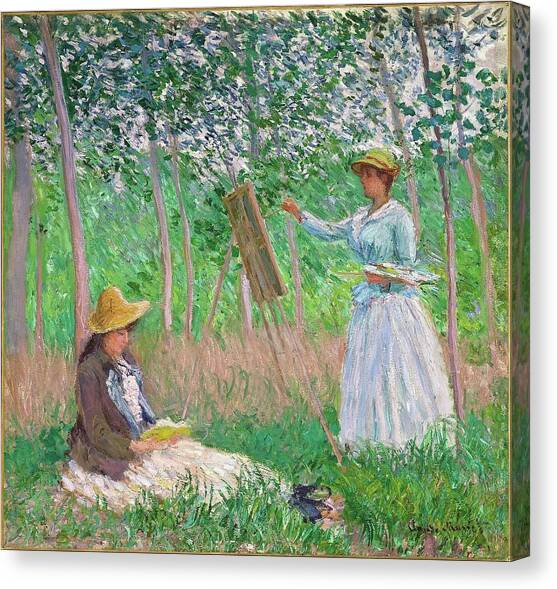 In The Woods At Giverny- Blanche Hoschede At Her Easel Canvas Art Print by Claude Monet