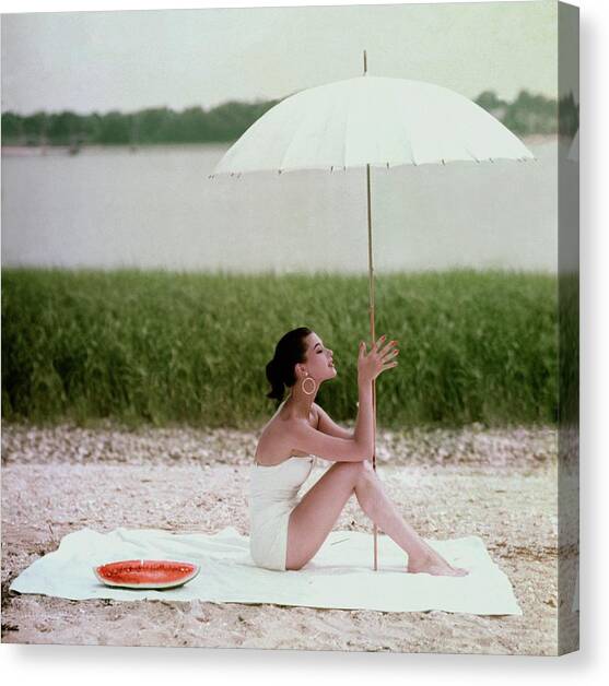 Model Barbara Mullen In A White Swimsuit Canvas Art Print by Frances McLaughlin-Gill