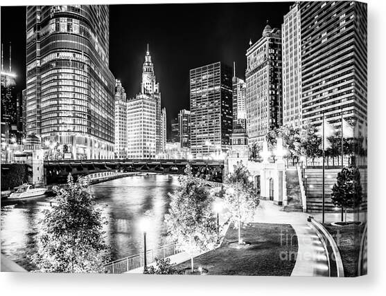Chicago River Buildings at Night in Black and White Canvas Art Print by Paul Velgos