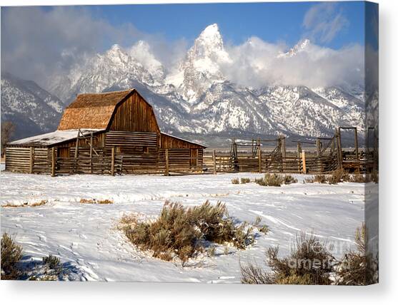 Frigid Morning At The Moulton Barn Canvas Art Print by Adam Jewell