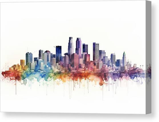 Las Angeles Skyline - L.A. Radiance Canvas Art Print by Land of Dreams