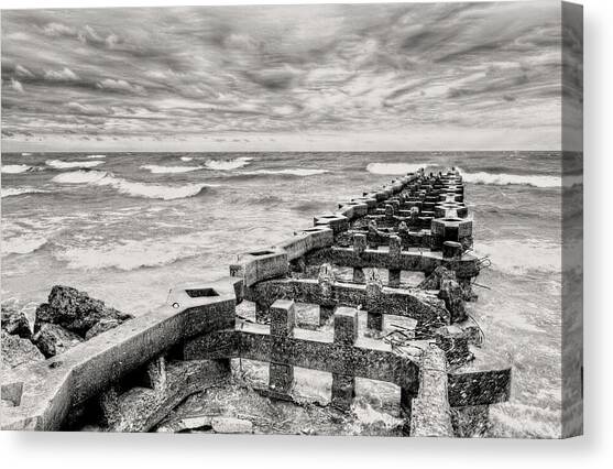 Manitowoc Old Jetty And Waves BW Canvas Art Print by Dale Kauzlaric