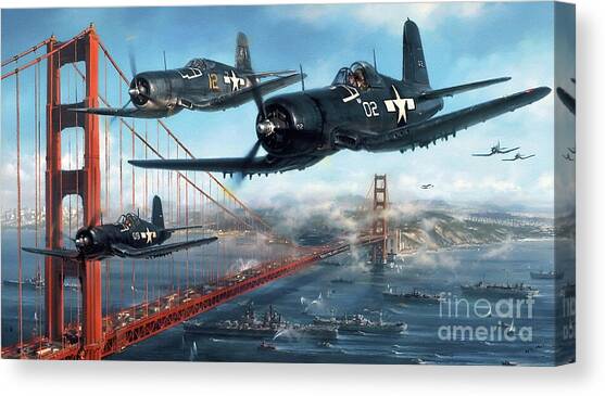 Vought F4U Corsairs Over The Golden Gate Bridge Canvas Art Print by Antonios Valamontes