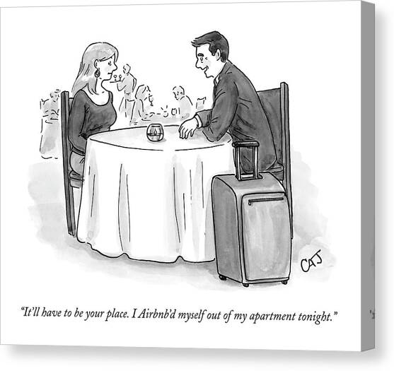 A Man Speaks To A Woman On A Date At A Restaurant Canvas Art Print by Carolita Johnson