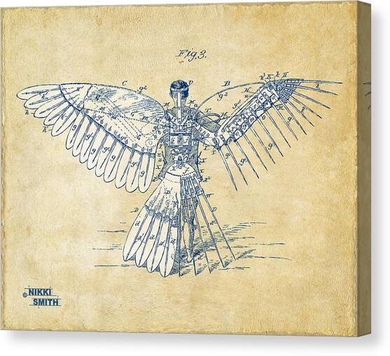 Icarus Human Flight Patent Artwork - Vintage Canvas Art Print by Nikki Smith